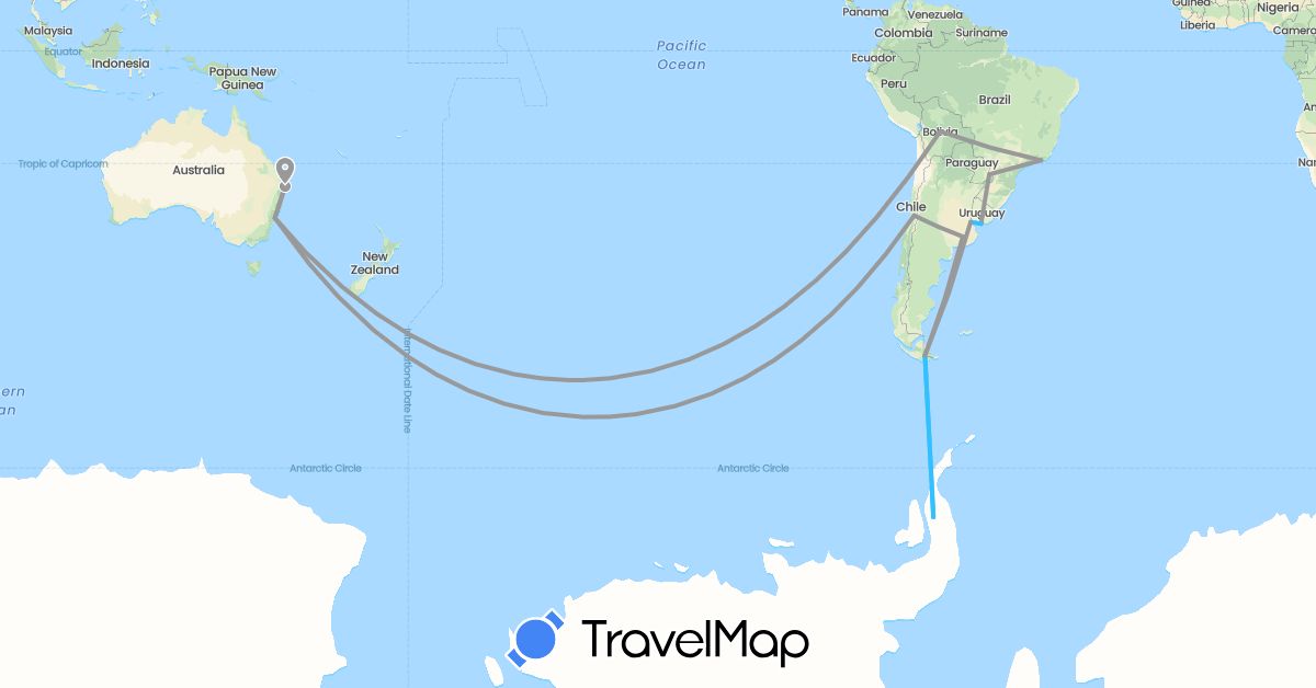TravelMap itinerary: plane, boat in Antarctica, Argentina, Australia, Brazil, Chile, Uruguay (Antarctica, Oceania, South America)