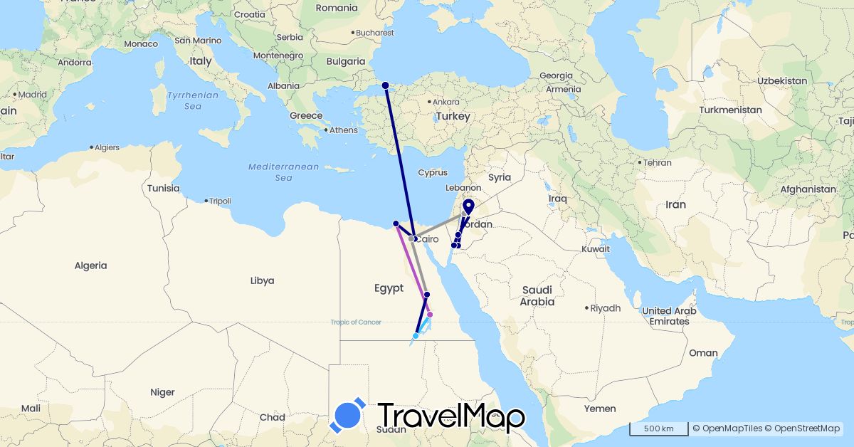 TravelMap itinerary: driving, plane, train, boat in Egypt, Jordan, Turkey (Africa, Asia)